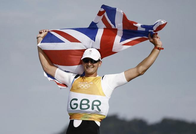 Giles Scott flies the GBR flag in the Finn class at the Rio 2016 Olympic Sailing Competition &copy; Sailing Energy/World Sailing